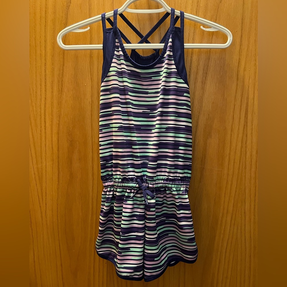 Girl’s Size 7/8 Athletic Works Purple Striped Shorts Romper